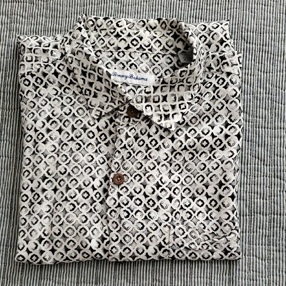 Tommy Bahama White Shirt with Black Geometric Print
